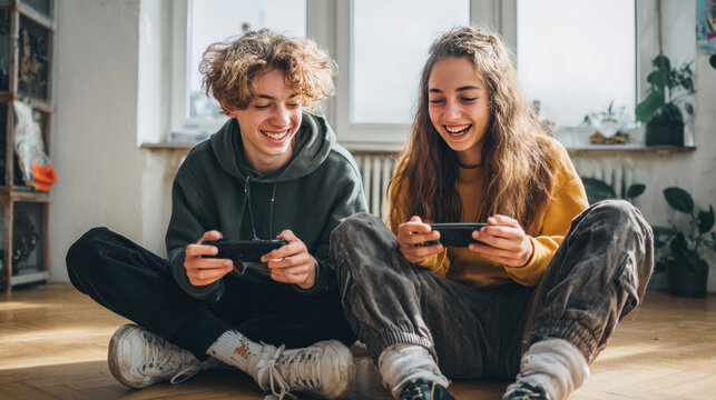 Teen girl and boy playing handheld video games sitting on wooden floor indoors