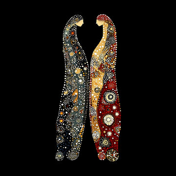 Traditional Australian Aboriginal dot painting of dreamtime sisters on a black background.