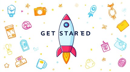 Naklejka premium A white rocket with red flames blasts off amidst colorful outlined icons of everyday objects and stars, with 