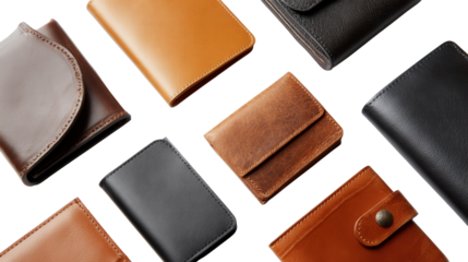 Designer Leather Wallets: A flat lay of designer leather wallets with sleek finishes and premium materials, isolated on a Transparent background, PNG file.