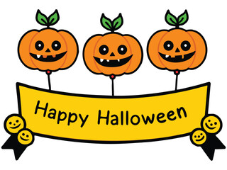 Colorful Halloween graphic featuring smiling pumpkins above a yellow 