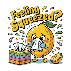 Fototapeta premium Cartoon lemon blowing nose with tissue box sick