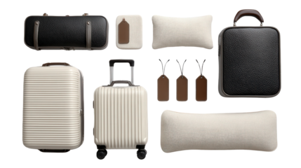 Designer Luggage and Travel Gear: A flat lay of designer luggage and travel gear like matching tags and a travel pillow, isolated on a Transparent background, PNG file.