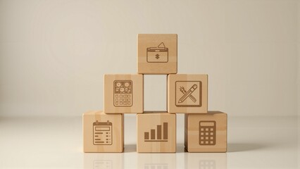 Wooden blocks with financial healthcare medical icons concept budgeting accounting insurance statistics data analysis calendar calculator tax planning cost management strategy minimalist background 3D
