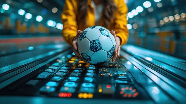 Futuristic Soccer: A Woman Holds a Soccer Ball Over a Futuristic Control Panel