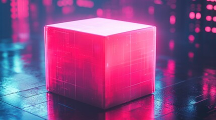 Glowing Pink Cube in a Futuristic Cityscape