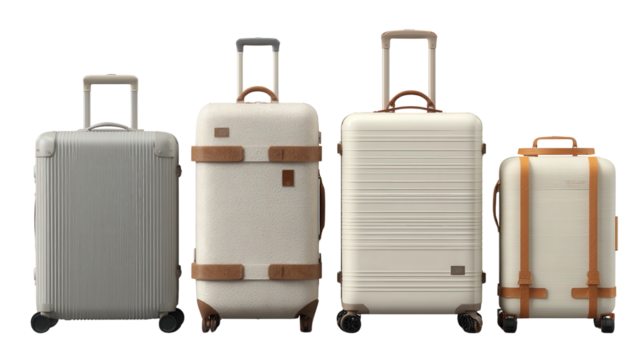 Designer Luggage Sets: A flat lay of designer luggage sets with sleek and modern designs, isolated on a Transparent background, PNG file.