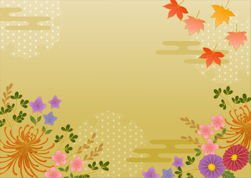 和柄 秋草模様ベクター背景 菊・牡丹・撫子・桔梗・萩 金色 Japanese pattern autumn grass pattern vector background chrysanthemum, peony, dianthus, bellflower, bush clover gold
