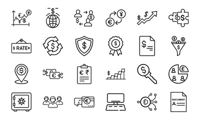 Set of Financial Technology and Currency Exchange Line Icons – Global Money Transfer, Forex Trading, Economic Security, Digital Payment, and Finance Management Symbols
