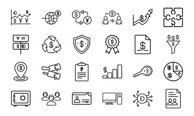 Set of Financial Technology and Currency Exchange Line Icons – Global Money Transfer, Forex Trading, Economic Security, Digital Payment, and Finance Management Symbols