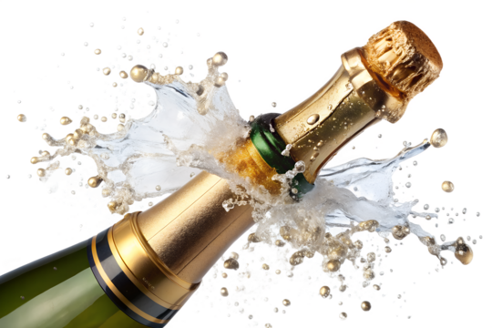 A green glass champagne bottles cork is popping causing a dynamic splash of liquid and bubbles against a transparent background