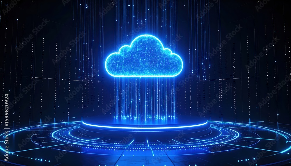 Poster digital cloud computing concept with neon tech style illustration showing cloud data transfer and vi