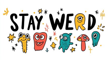 Playful hand-drawn illustration featuring the phrase "STAY WEIRD" surrounded by colorful, quirky monsters and stars, promoting individuality and embracing oddities