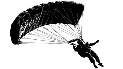 Silhouette of a person descending under a parachute, arms outstretched, against a bright white background