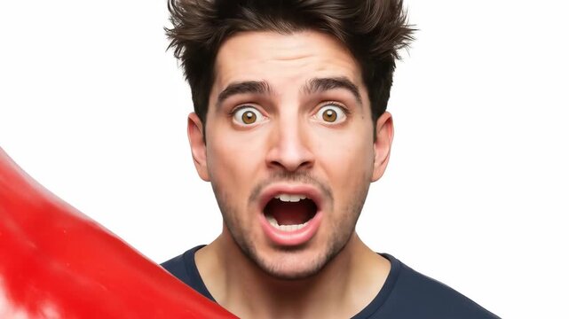Man Surprised by Giant Red Chili Pepper - A young man with a shocked expression holds a comically oversized red chili pepper.