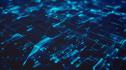 Abstract digital landscape of glowing blue lines, nodes, and data points forming a complex network, suggesting technology, connectivity, and information flow