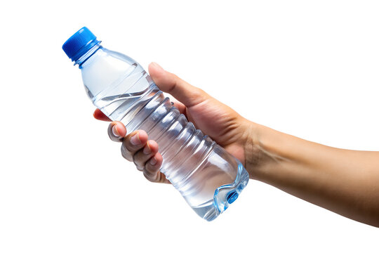 A persons hand is holding a clear plastic bottle filled with refreshing water against a stark transparent background - Powered by Adobe