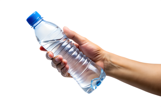 A persons hand is holding a clear plastic bottle filled with refreshing water against a stark transparent background