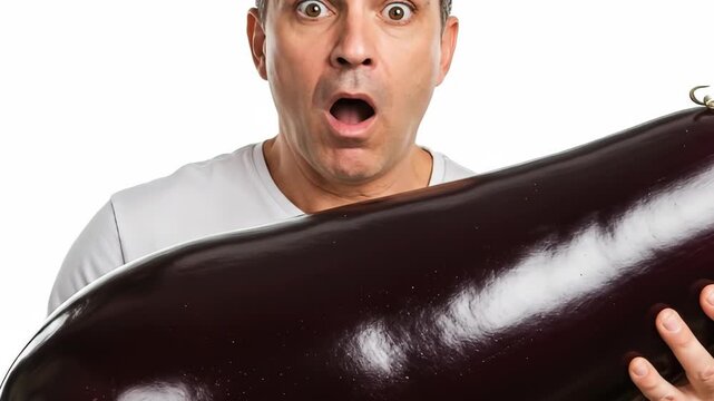 Man Holding a Giant Eggplant with a Surprised Expression - A man in a white t-shirt holds an enormous eggplant, his face displaying a look of utter astonishment.