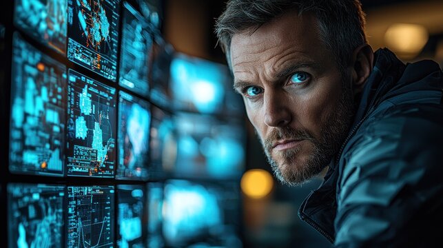 Intense Cybersecurity Expert Monitoring Data Streams - Powered by Adobe