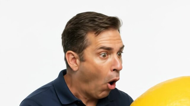 Man Amazed by Giant Lemon - A middle-aged man with a surprised expression holds a comically oversized lemon. He appears astonished by its sheer size against a bright white background.