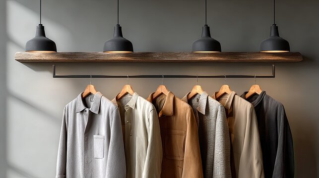 Minimalist room with fashion rack and modern lighting representing curated wardrobe, design, and simple elegance