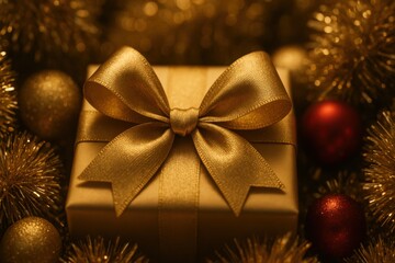 A beautifully wrapped golden Christmas gift box sits prominently in the center, adorned with a delicate bow. It is surrounded by shimmering tinsel and colorful ornaments, creating a festive atmosphere