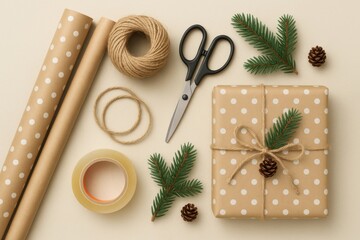 A diy crafting area is set up with brown polka dot wrapping paper, scissors, tape, twine, pine branches, and pine cones, perfect for preparing holiday gifts with a rustic touch