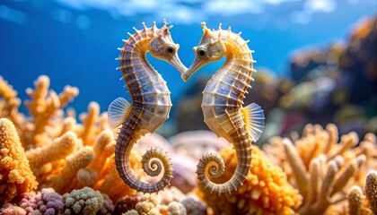 Two Seahorses Meet Coral Reef