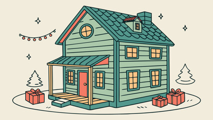 Illustration of christmas house with presents and christmas lights for holiday season drawing vector art