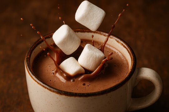 Rich hot chocolate splashes as marshmallows fall into the cup. The warm scene evokes comfort, perfect for cold days or festive gatherings with friends or family