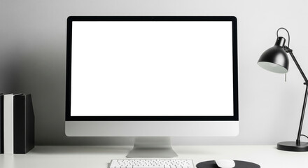 Fototapeta premium Minimalist workspace featuring a blank computer screen, lamp, and books