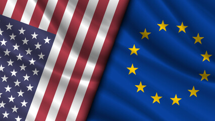 Vector wavy national flags of United States of America and European Union. Relations between countries. USA and Europe. Political economic banner.