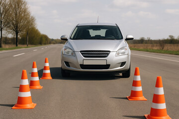 Car driving on road with orange cones.