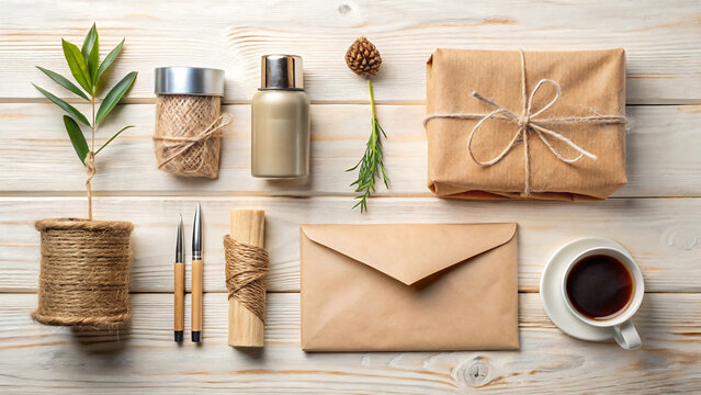 Flat lay of eco friendly gift wrapping supplies including twine kraft paper envelope and a cup of coffee on a wooden background