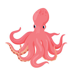 An illustration of a cartoon octopus in bright pink with expressive eyes and flexible tentacles that create a lively and attractive image of a sea creature.