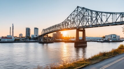 Fototapeta premium Sunset over the river stunning bridge view urban landscape tranquil environment scenic photography
