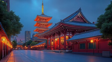 Fototapeta premium Japanese temple at dawn, illuminated