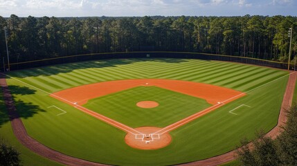 An aerial view of a well-maintained baseball field, surrounded by a lush green forest under a partly cloudy sky.  The meticulously manicured infield and outfield are clearly visible