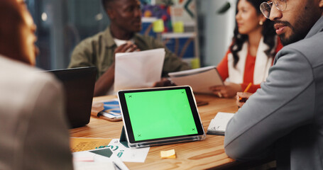 Green screen, tablet and business people in office for meeting, graphic design and mockup space....