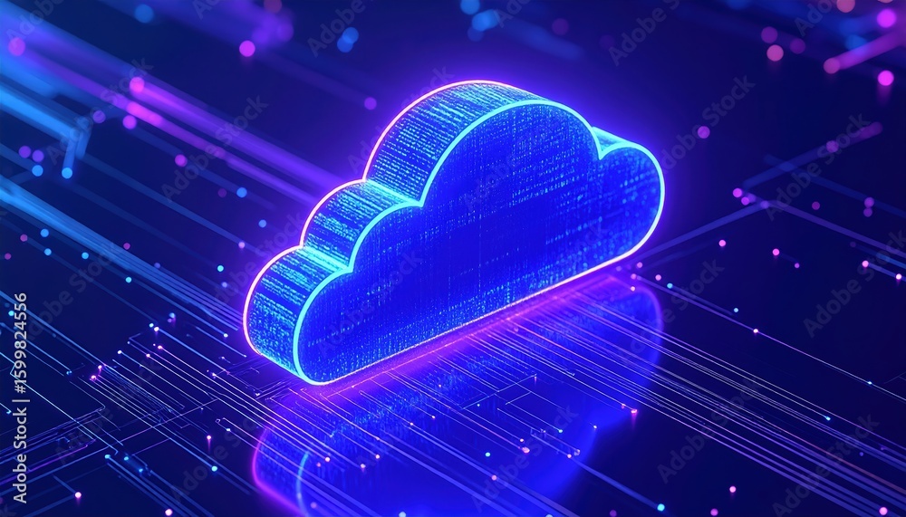 Poster digital cloud storage illustration with data streams and technology lines in a futuristic glow effec