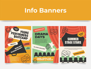 A set of information banners about theatre courses, including for young actors, lectures on drama for all levels and a final performance for family and friends.