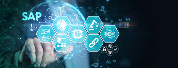 SAP System Software Automation concept on virtual screen data center. Business, modern technology,...