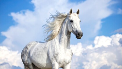Fototapeta premium Majestic white horse against a vibrant blue sky
