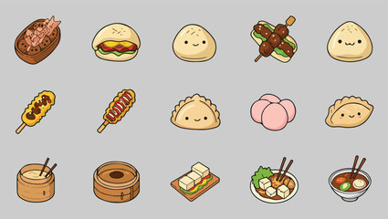 A Flat Bold Icon Set Unique and Traditional Asian Street Food Items