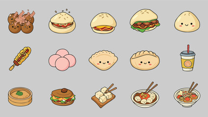 A Flat Bold Icon Set Unique and Traditional Asian Street Food Items