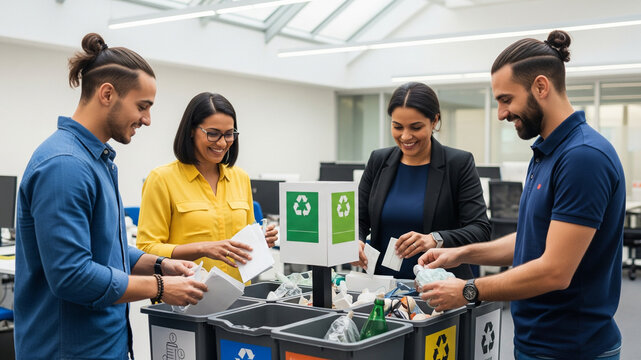 Office team engaging in recycling initiative together
