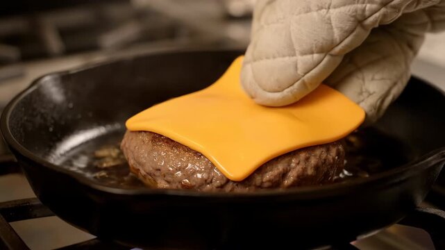 Cooking scene of placing cheese on a freshly grilled hamburger patty and melting it