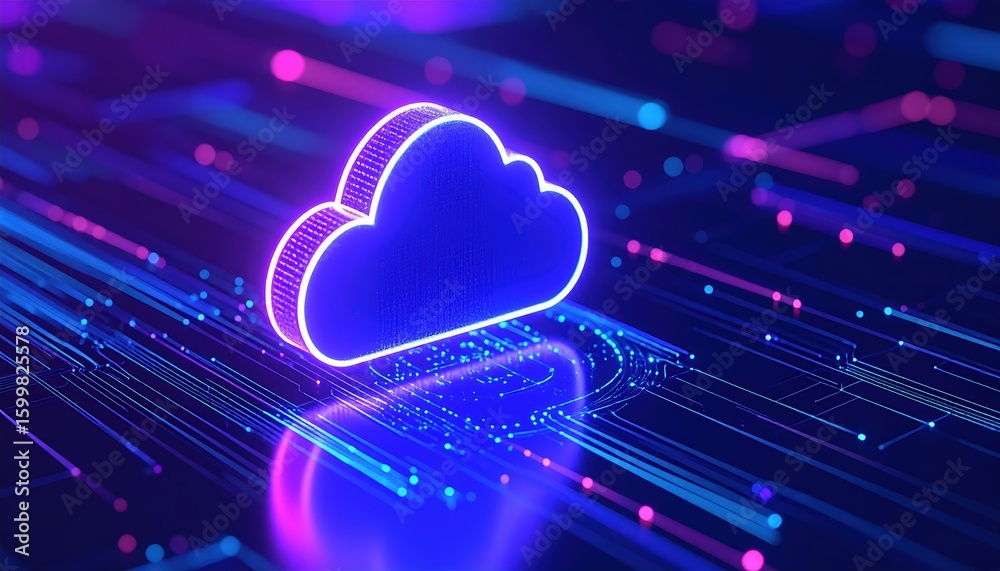 Poster digital cloud computing concept with neon lights and data connections for cloud storage and internet