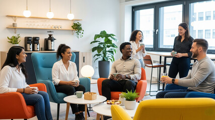 Diverse team relaxing together in cozy inclusive office lounge